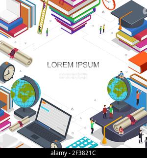 Online education and learning composition with students in e-learning process laptop certificate globe books alarm clock in isometric style vector ill Stock Vector
