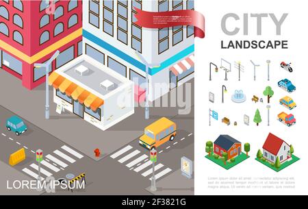 Isometric cityscape composition with modern buildings crossroad vehicles fountain trees poles benches light traffic suburban houses vector illustratio Stock Vector