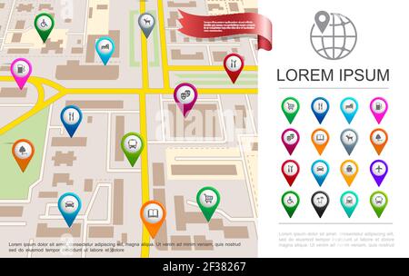 Flat city map gps concept with colorful navigation pins and pointers of different objects vector illustration Stock Vector