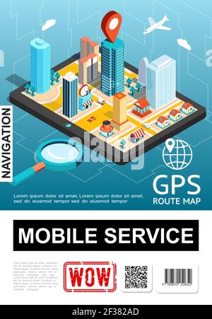 Isometric poster of map on smartphone screen with landmark monuments on ...