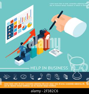 Isometric business help concept with businessman walking stairs writing hand diagrams charts graphs on sheet and linear icons vector illustration Stock Vector