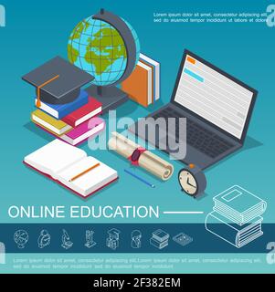 Isometric online education colorful composition with laptop books globe certificate alarm clock textbook pencil graduation cap vector illustration Stock Vector
