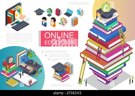 Learning isometric design concept with stairs from books academic hat ...