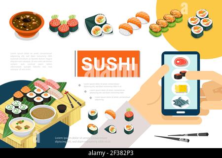 Isometric japanese food composition with different types of sushi sashimi soup and online order of rolls vector illustration Stock Vector