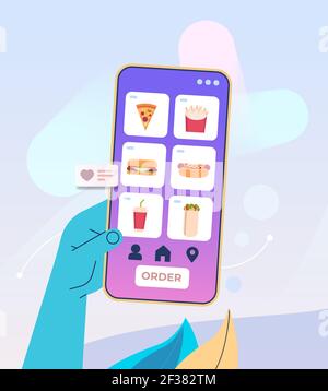 human hand using mobile app for ordering groceries fast delivery online shopping e-commerce food order concept