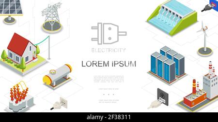 Isometric electricity and energy concept with hydroelectric and fuel power stations solar panel gas tank windmill energy storage electric transformer Stock Vector