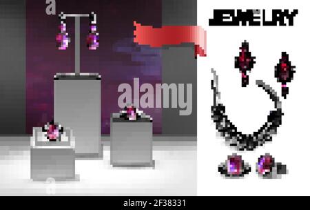 Realistic jewelry composition with earrings brooch rings with jewels on stands and silver necklace illustration Stock Vector