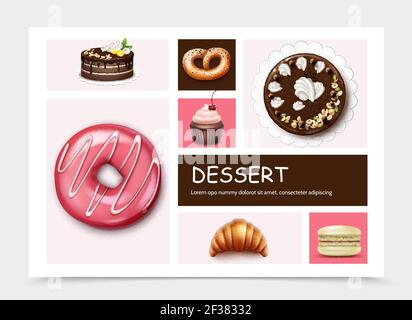 Desserts and cakes infographic template with pie donut cupcake macaroon croissant pretzel in realistic style vector illustration Stock Vector