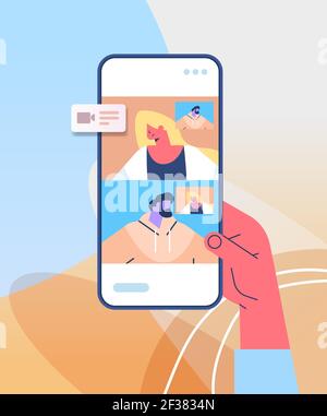 hand using mobile app for virtual conference meeting friends discussing during video call on smartphone screen Stock Vector