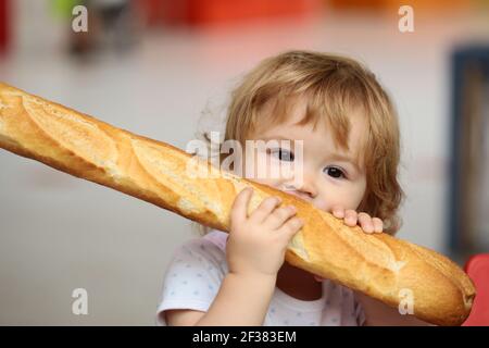 Cute baby eating French baguette white bread. Funny toddler child eating sandwich, self feeding concept. Stock Photo