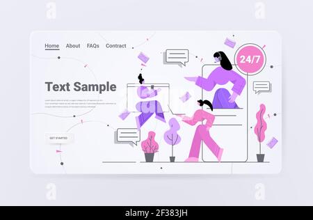 clients chatting with female call center operator in headset on smartphone screen customers service online support Stock Vector