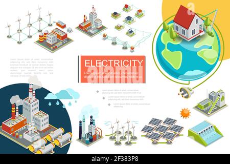 Isometric electricity infographics with fuel geothermal hydroelectric nuclear power stations biomass energy factory windmills electric transmission li Stock Vector