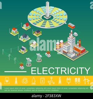 Electricity production and distribution template with solar panels energy power factory electric transmission lines houses in isometric style vector i Stock Vector