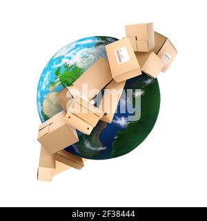 Planet Earth with flying parcels on white background Stock Photo