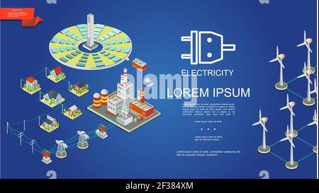 Isometric electricity production concept with solar panels energy power plant electric transformers transmission towers houses windmills vector illust Stock Vector