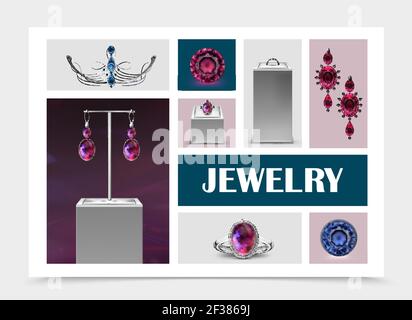 Realistic jewelry elements collection with earrings rings on stands jewels gems and diadem isolated illustration Stock Vector