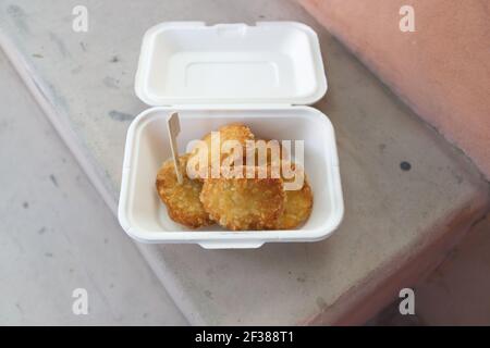 Tod man kung or shrimp pancakes in package , thai cuisine Stock Photo