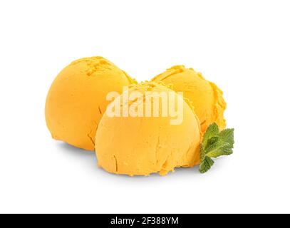 Tasty mango ice cream on white background Stock Photo