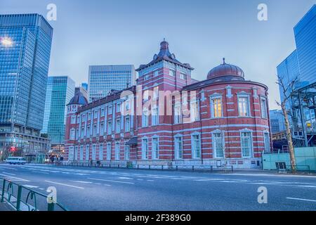 Tokyo, Japan - Jan 03, 2018 : View of the building Tokyo Station in Tokyo Japan. This is main station of train system in Tokyo Tokyo with the skyscrap Stock Photo