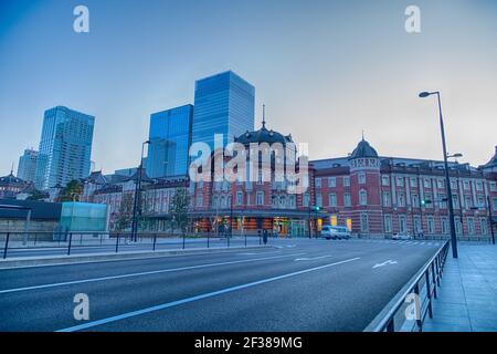 Tokyo, Japan - Jan 03, 2018 : View of the building Tokyo Station in Tokyo Japan. This is main station of train system in Tokyo Tokyo with the skyscrap Stock Photo