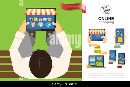 Flat e-commerce concept with people buying products and goods in online stores using tablets laptops phones vector illustration Stock Vector