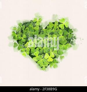 Green clover leaves heart in watercolor style on white paper background Stock Photo