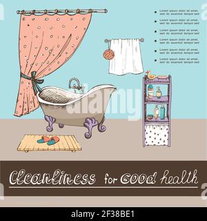 Hand drawn bathroom interior poster with bathtub curtain towel slippers rubber duck soap shower gel and shampoo bottles vector illustration Stock Vector