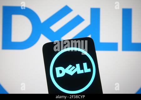 Ukraine. 15th Mar, 2021. In this photo illustration, DELL is seen on a smartphone and a pc screen. Credit: SOPA Images Limited/Alamy Live News Stock Photo