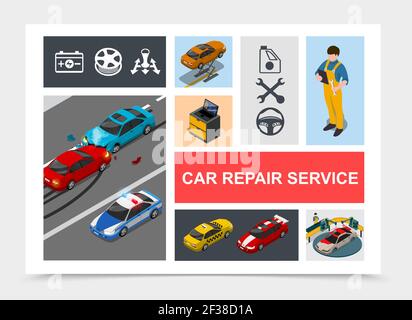 Isometric car repair service composition with accident on road police taxi sports cars mechanics automobile painting process auto icons vector illustr Stock Vector