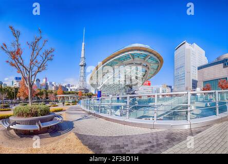 NAGOYA, JAPAN - December 09, 2017: Cityscape of Nagoya in autumn Oasis 21 and Nagoya TV Tower in Sakae, Japan., A shopping complex and its large oval Stock Photo