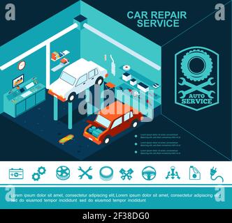 Flat car service concept with broken automobiles in garage and different auto repair icons vector illustration Stock Vector