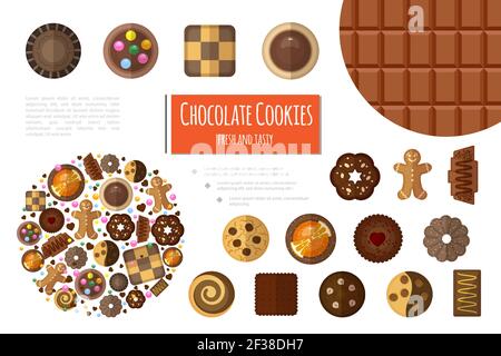Flat sweet products composition with chocolate bar background and different kinds of chocolate cookies vector illustration Stock Vector