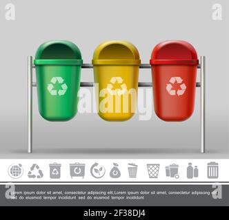 Trash and garbage concept with realistic colorful recycle bins for different waste products and monochrome garbage icons vector illustration Stock Vector