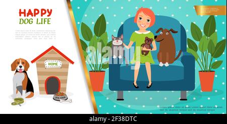 Flat happy pets life concept with cute girl puppy and kitten sitting in armchair dog near kennel bowl with food bone leash vector illustration Stock Vector