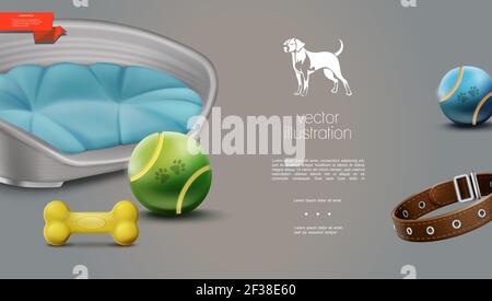 Realistic dog accessories template with balls bone leash pet bed with pillow on gray background vector illustration Stock Vector
