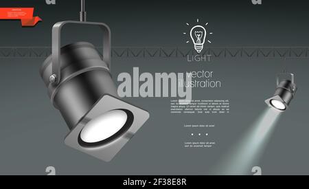 Realistic spotlights for stage lighting template with hanging shining projectors on gray background vector illustration Stock Vector
