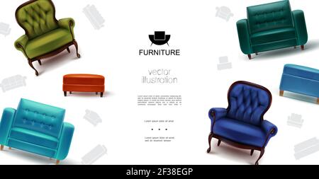 Realistic furniture objects template with soft colorful armchairs chairs and tabourets vector illustration Stock Vector