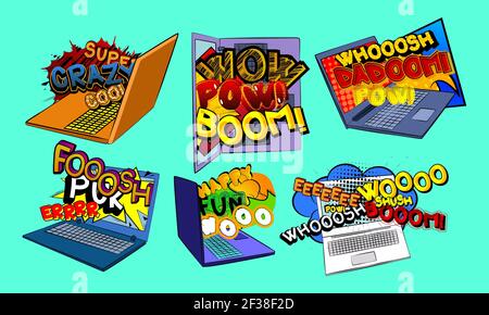 Comic book word coming out from a laptop screen. Comics online technology, viral marketing, video template collection. Mobile Fun. Cartoon style comic Stock Vector