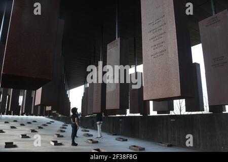 Montgomery, Alabama, USA. 14th Mar, 2021. 800 steel columns honor more than 4,000 victims of racial lynchings at the National Memorial for Peace and Justice in Montgomery, Alabama. The six acre memorial park is shown Sunday March 14, 2021. It is run by the Equal Justice Initiative. There is one column for each county where lynchings are known to have taken place, with the victims' names engraved. I many cases the word 'Unknown'' is with the date of a lynching. Columns are presented both as hanging memorials and laid out in the park. (Credit Image: © Mark HertzbergZUMA Wire) Stock Photo