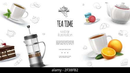 Realistic tea time background with oranges macaroons chocolate cake piece french press teapot cups of hot herbal and fruit tea vector illustration Stock Vector