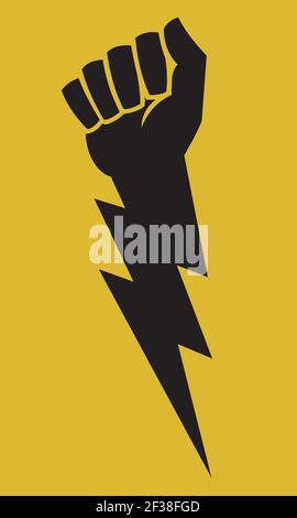 Raised fist lightning bolt protest icon. Vector illustration shows clenched fist combined with lightning bolt for powerful symbol of anger and protest Stock Vector