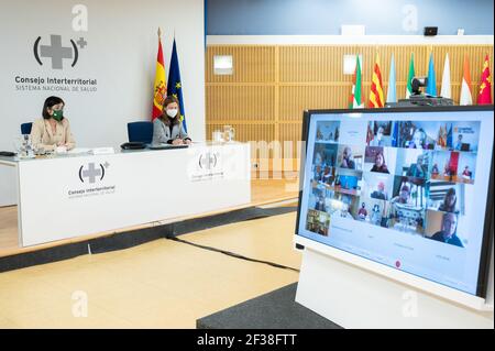 Madrid. 15th Mar, 2021. Photo taken on March 15, 2021 shows a press conference held at la Moncloa, Madrid, Spain. Spain on Monday joined other European nations, such as France, Italy and Germany, in suspending the use of the AstraZeneca/Oxford vaccine over fears that it could lead to blood clots. Credit: Borja Puig de la Bellacasa/Xinhua/Alamy Live News Stock Photo