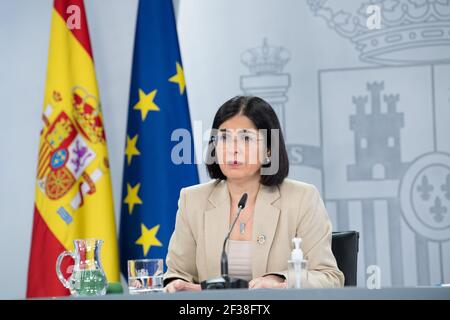 Madrid, Spain. 15th Mar, 2021. Health Minister Carolina Darias speaks during a press conference at la Moncloa, Madrid, Spain, on March 15, 2021. Spain on Monday joined other European nations, such as France, Italy and Germany, in suspending the use of the AstraZeneca/Oxford vaccine over fears that it could lead to blood clots. Credit: Borja Puig de la Bellacasa/Xinhua/Alamy Live News Stock Photo