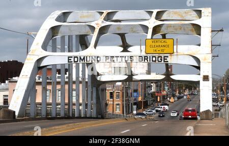 Selma, Alabama, USA. 15th Mar, 2021. The Edmund Pettus Bridge in Selma, Alabama, scene of the 'Bloody Sunday'' confrontation when police beat civil rights marchers in 1965, is shown Monday March 15 2021. (Credit Image: © Mark HertzbergZUMA Wire) Stock Photo