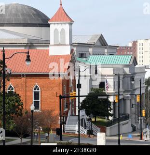 Montgomery, Alabama, USA. 15th Mar, 2021. The Dexter Avenue Church, which was Dr. Martin Luther King Jr.'s church in Montgomery, Alabama, and where the Montgomery bus boycott was organized, is shown, left, Monday March 15 2021. The view is from the state capitol grounds. (Credit Image: © Mark HertzbergZUMA Wire) Stock Photo