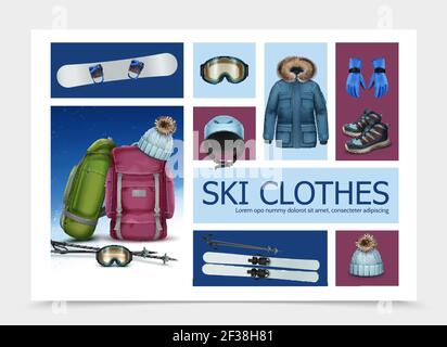 Realistic ski clothes and equipment composition with skis poles goggles backpacks cap helmet jacket sneakers gloves vector illustration Stock Vector