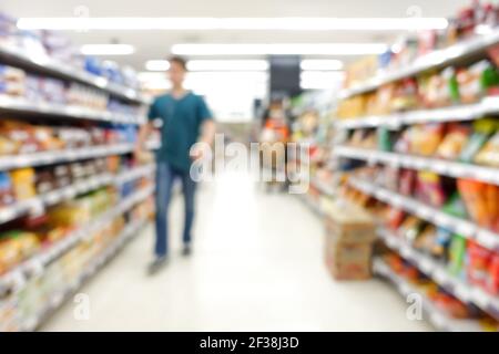 Blur image of aisle in supermarket with customer - for background Stock Photo