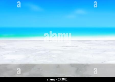 White marble stone countertop on blur blue sea and sky background - can be used for display or montage your products Stock Photo