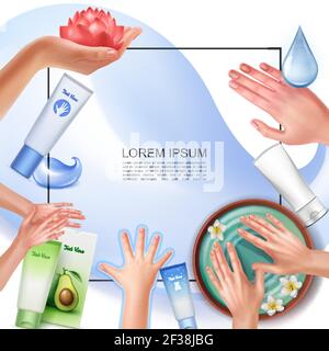 Realistic skincare template with frame for text different hand care procedures cosmetic tubes and packages of cream vector illustration Stock Vector