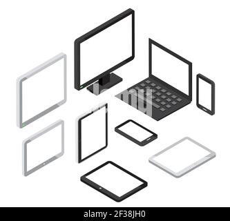 Isometric 3d computer and laptop, tablet pc and smartphone vector icons Stock Vector